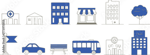 cityscape symbol pack shop office hospital bus car tree bench