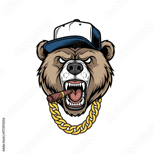 Fierce cartoon bear with a baseball cap, cigar, and gold chain, snarling aggressively.