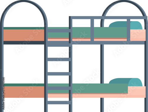 Simple metal bunk bed with wooden ladder and green sheets, ideal for hostels, dormitories, or shared accommodation