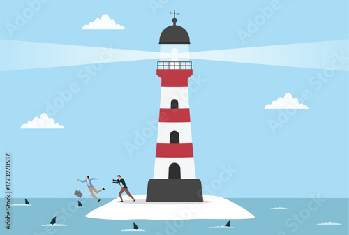 Vector illustration of two businessmen on a small island with a lighthouse, one pushing the other toward shark filled waters, symbolizing betrayal, risk, and corporate rivalry
