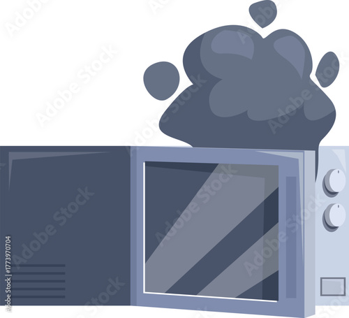 Smoke billowing from a malfunctioning microwave oven, depicting a kitchen appliance failure and potential fire hazard