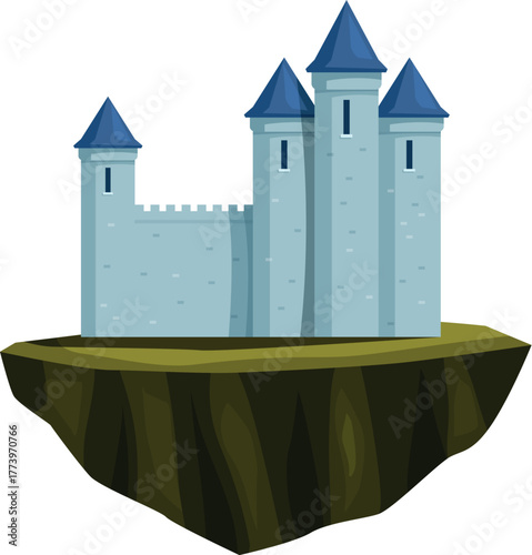Stone castle with towers and battlements located on a floating island, fantasy illustration