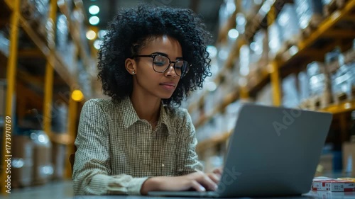 Focused African American Woman Working on Laptop in Warehouse, Inventory Management, Logistics, E-commerce, Modern Business, Professional, Efficiency, and Technology.