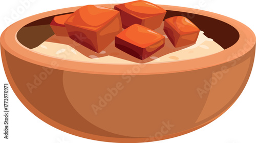 Kawal, a traditional egyptian dish, featuring rice and meat, served in a clay bowl, representing rich culinary heritage