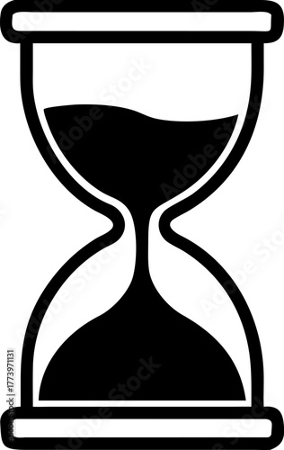 A black and white hourglass icon with flowing sand. Simple vector graphic illustration representing time management and deadline concepts