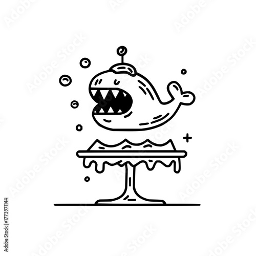 Cartoonish anglerfish above dripping platform with bubbles in a black and white line drawing style art