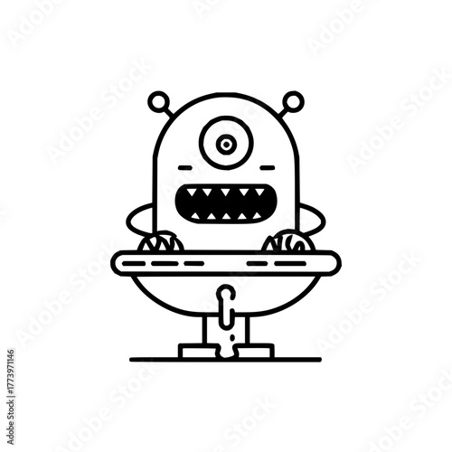 Illustrated one eyed monster with sharp teeth and small arms in a vehicle with antenna design