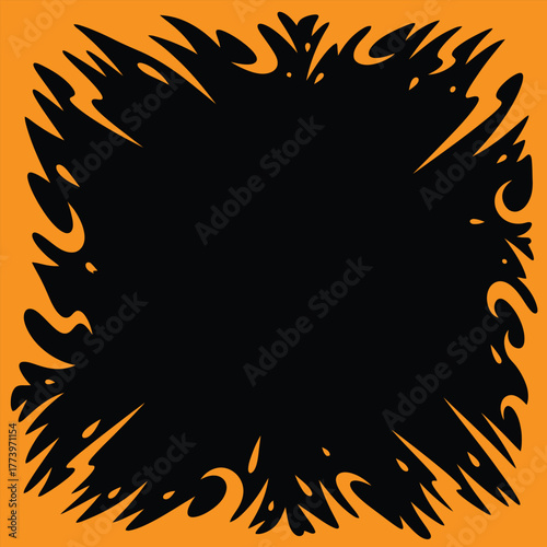 Black Flame Frame Vector on Orange Background – Abstract Fire Border Design