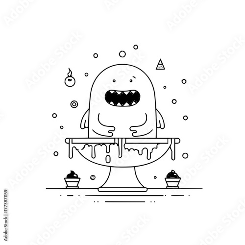A cartoonish monster with a large toothy grin sitting on a dripping cake stand with cupcakes nearby