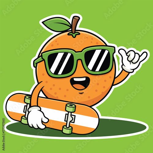 Cool Orange Fruit Character with Skateboard – Fun Cartoon Vector Mascot with Sunglasses