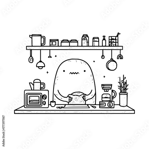 A cartoon blob character in a kitchen holding bread with shelves and appliances in black and white art