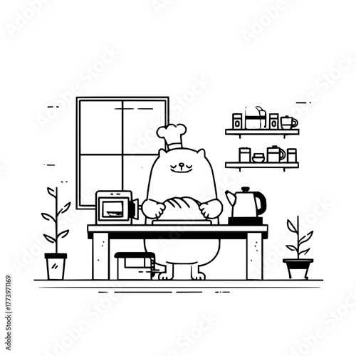 Cartoon cat chef preparing bread in kitchen with window shelves and plants in black and white style