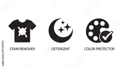 Illustrations of stain remover, detergent, and color protector isolated on white background