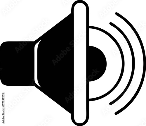 Minimalist black and white speaker icon with radiating sound waves, symbolizing audio output and volume settings for user interface designs and digital media