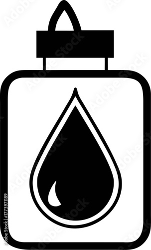 Black and white icon of a liquid glue bottle with a drop shape symbolizing adhesiveness and application. A simple graphic for crafting and repairs