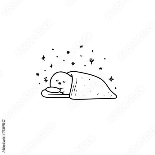 Cute cartoon character sleeping peacefully under a dotted blanket surrounded by stars and sparkles design