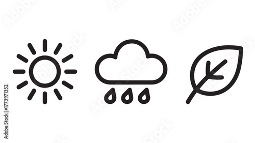 Sun, rain, and leaf icons isolated on white background representing weather and nature