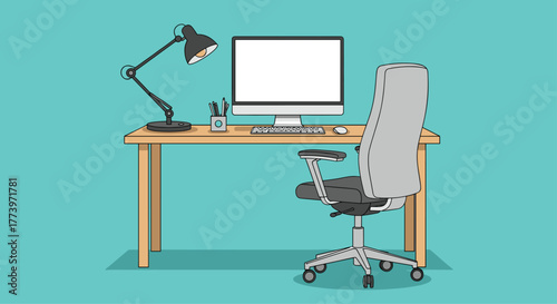 Modern home office setup with ergonomic chair computer and desk lamp perfect for remote work or creative space inspiration