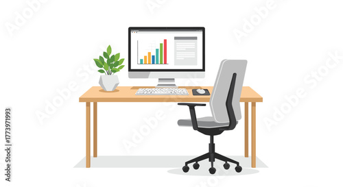 Modern office setup with computer displaying financial growth charts and a comfortable ergonomic chair perfect for business presentations and digital workspaces