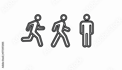 Dynamic figures depict movement progression from running to walking to standing symbolizing change and motion
