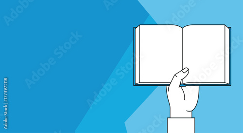 Open book held by hand against a vibrant blue abstract background symbolizing knowledge and learning opportunities