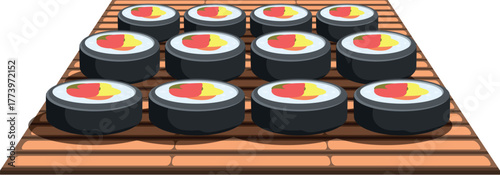 Twelve pieces of kimbap, a popular korean dish, neatly arranged on a bamboo mat, ready to be enjoyed