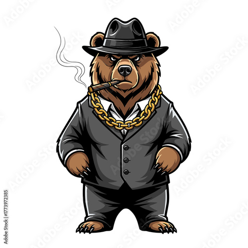 Cartoon bear dressed in a suit and fedora, smoking a cigar and wearing a gold chain.
