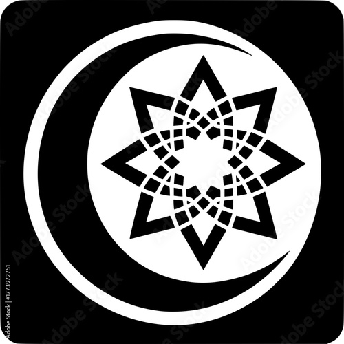 Islamic Symbol: An elegant monochrome depiction of the Islamic star and crescent moon, radiating the solemn spirituality and reverence.