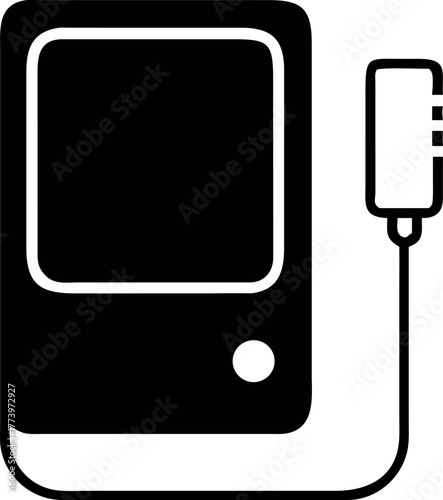 Black and white insulin pump icon with digital display and infusion set design. Medical device for diabetes management illustration