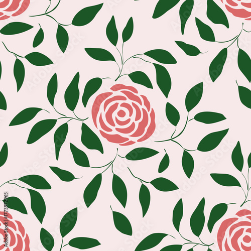 Seamless pattern of rose and leaves on light pink background. Wallpaper 