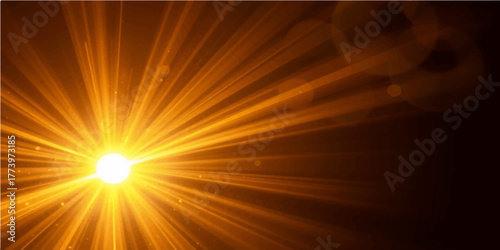 Bright yellow and orange sun burst with glowing rays illuminating an abstract summer sky background