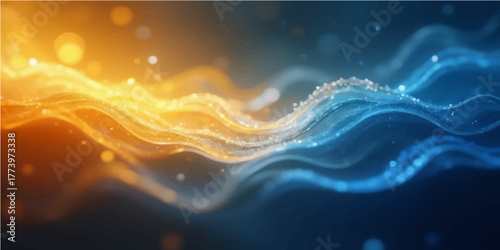 The energy of wave-particle fractal realms abstraction is reflected in the deep blue ocean beneath the sunlight on the horizon