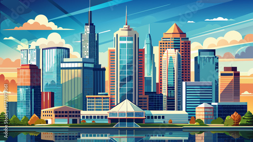 Very beautiful close aerial view of downtown Indianapolis skyscrapers, showcasing modern high-rise architecture, reflective glass facades, and the dynamic urban skyline under a bright clear sky.