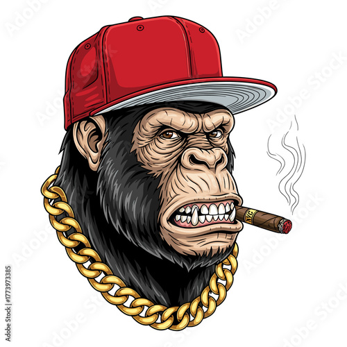 A stern-faced chimpanzee wearing a red cap and gold chain, smoking a cigar.