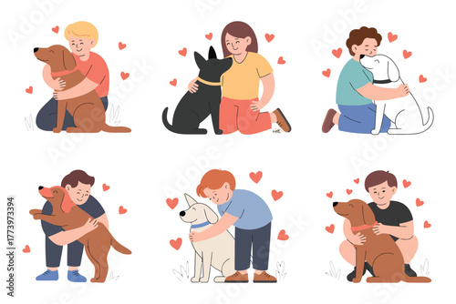 Kids Petting Dogs Vector Illustration – Happy Children Hugging Puppies, Smiling Boys and Girls Playing with Domestic Pets, Best Friends Image