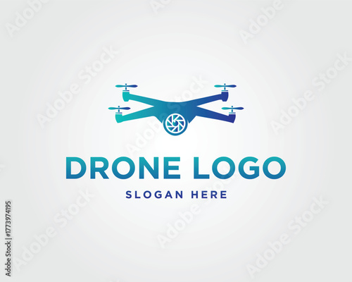 Drone icon with camera lens and text vector template quadcopter aerial