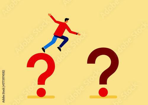 Man Balancing on Question Marks Symbolizing Uncertainty and Decision Making