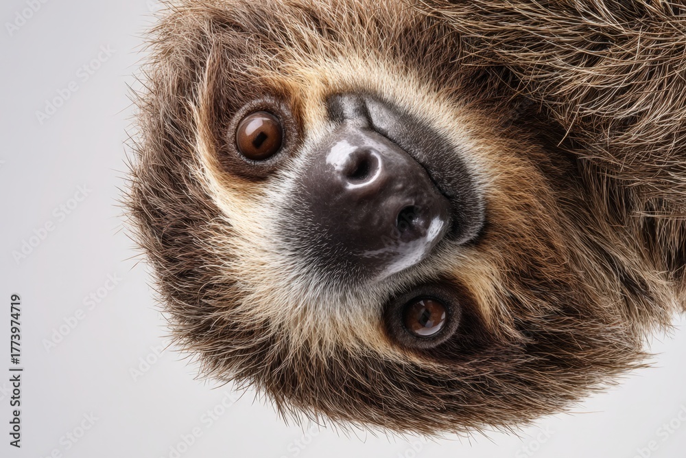 Fototapeta premium Sloth hanging upside down on a soft surface with a white background