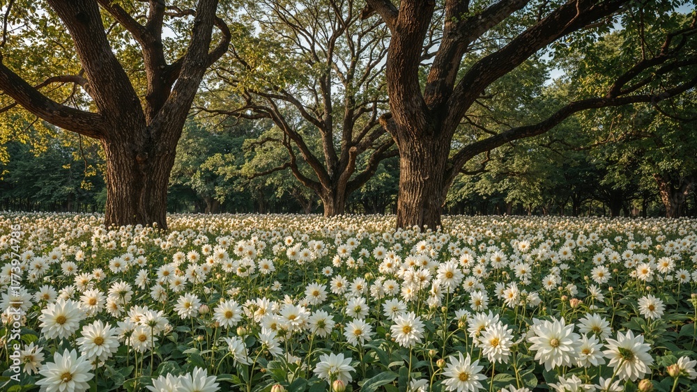Obraz premium A field of white daisies with large trees in the background during daytime.