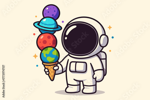 Cute Cartoon Astronaut Character Holding A Planet Ice Cream Cone with Colorful Planets and Stars on a Light Yellow Background