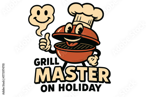 Retro Cartoon Burger Mascot Chef Giving Thumbs Up With Smoke Rising From Head And Grill Below On Holiday Theme