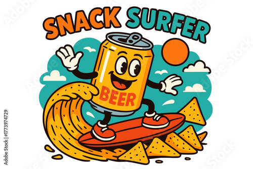 Funny cartoon can character with the word beer written on it surfing on a wave with tortilla chips around it with the text snack surfer above