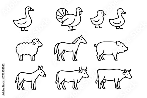 Collection of Farm Animal Line Art Silhouettes Including Goose Turkey Chickens Sheep Horse Pig Donkey Cow and Bull on White Background