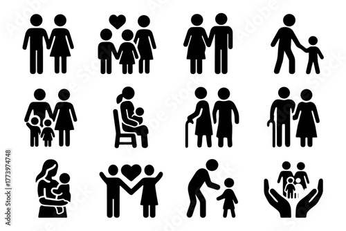 Diverse Family Group Icon Set Representing Relationships Love Support And Care In A Clean Black And White Vector Design On A White Background Ideal For Graphic Design And Web Use
