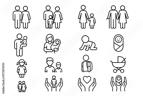 Collection of Family Iconography Featuring Diverse Family Units and Stages of Life Including Couples Parents With Children Newborns and Strollers Rendered in Outline Style