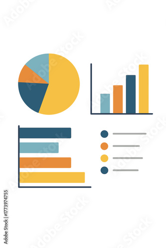 Data Visualization Featuring Pie Chart Bar Graphs and Horizontal Bar Charts in Yellow Blue and Orange Tones on Black Background Representing Financial Analytics and Statistics