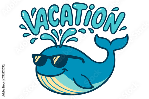 Stylized Blue Whale Wearing Sunglasses Spouting Water with Vacation Text Overlay in Teal Blue on Black Background