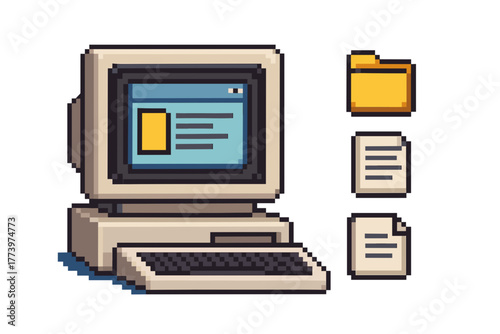 Retro computer monitor displaying a webpage with pixel art folders and documents on a black background representing digital information and vintage technology