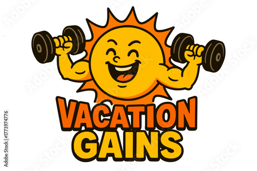 Happy cartoon sun character lifting dumbbells with Vacation Gains text below in orange and yellow on black background