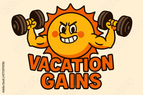 Cartoon Sun Character with Muscular Arms Lifting Dumbbells with Vacation Gains Text Over a Beige Background